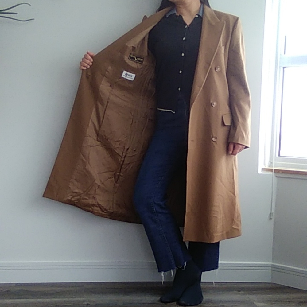 Loro Piana Hugo Boss vintage men's wool camel tan long trench coat peacoat Lrg - Picture 6 of 16